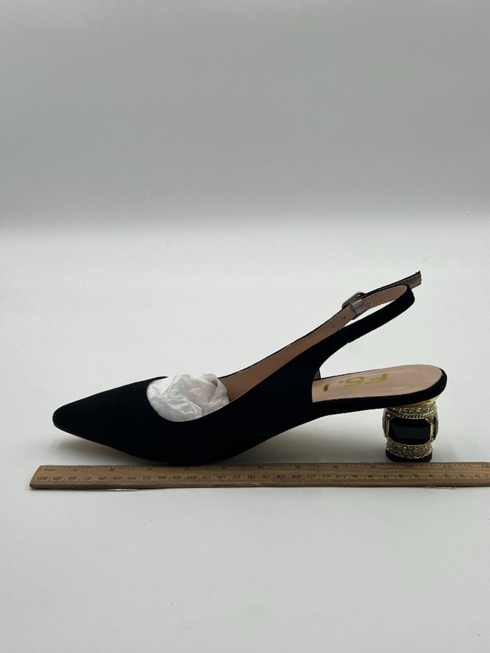 FSJ Black Suede Crystal Heel Pointed Toe Slingback Rhinestone Pumps